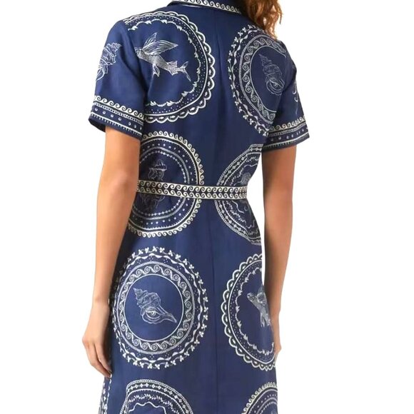 LARGE NAVY BLUE AND WHITE LARGE ICONIC GREEK CIRCLES BUTTON-DOWN MAXI DRESS - Picture 4 of 5